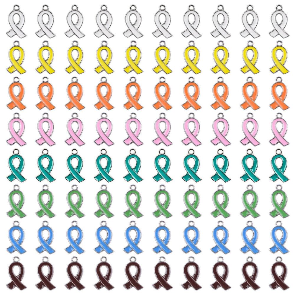 2009 80Pcs Multi-Colored Ribbon Pendants Cancer Awareness Charms Hope Faith